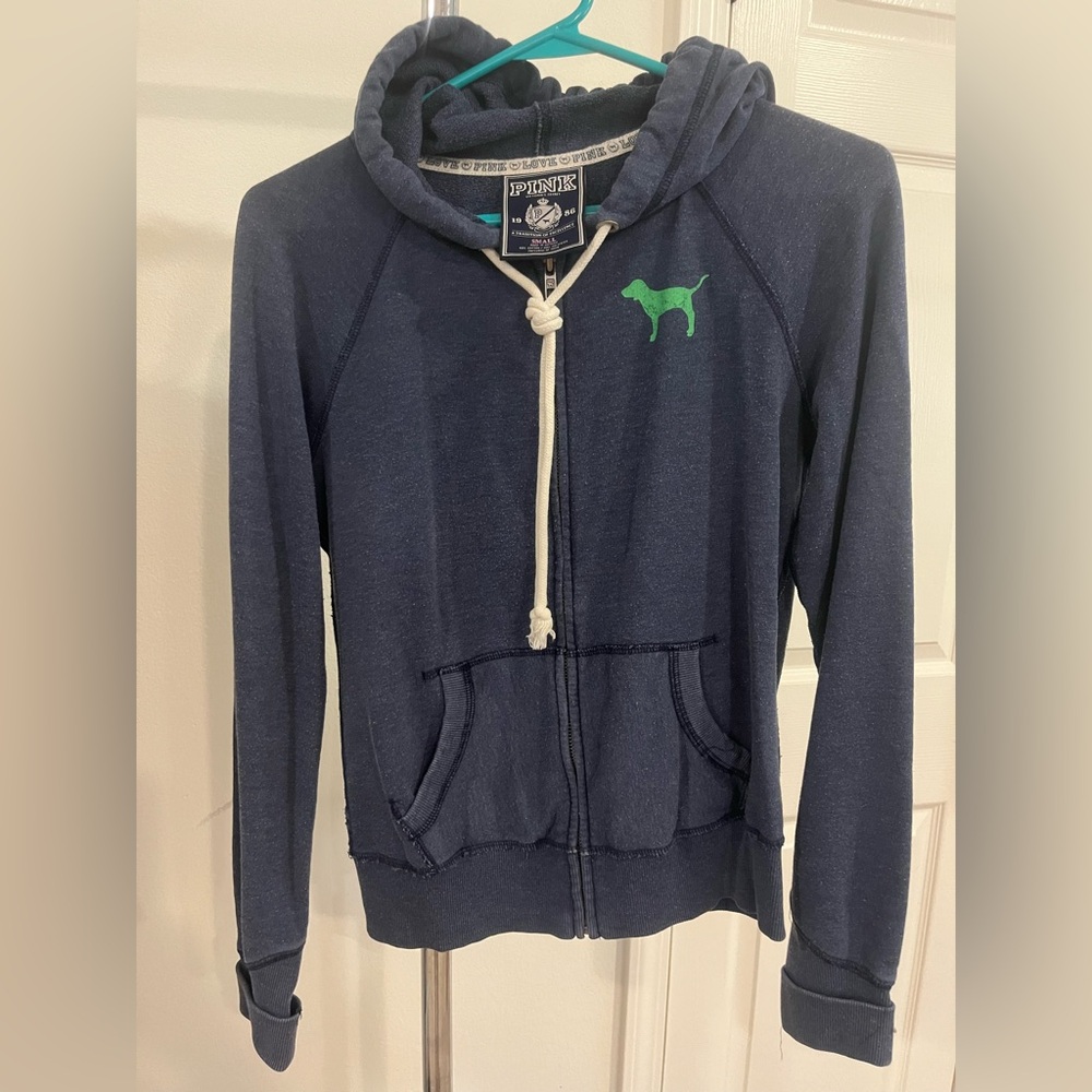 PINK Victoria’s Secret Navy Blue Zip-Up Hoodie with Green Dog Logo